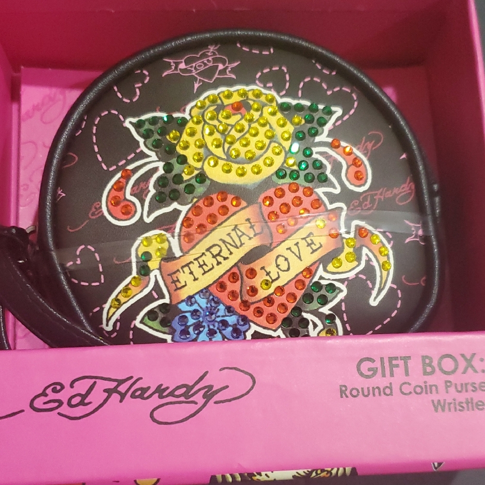 Ed Hardy eternal love round crystal rhinestone studded black coin purse wristlet